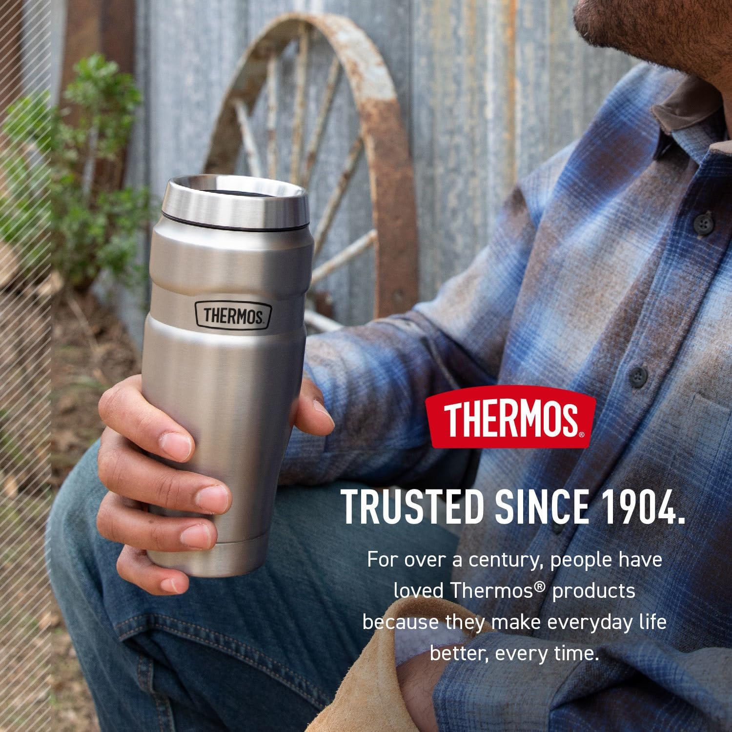 THERMOS Stainless King 16 oz Simple Travel Mug, Uncluttered Stainless Steel Design in Neutral Tones