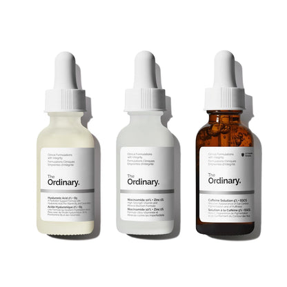 three 30ml serums in one set: hyaluronic acid 2% + b5, niacinamide 10% + zinc 1%, caffeine solution 5%
