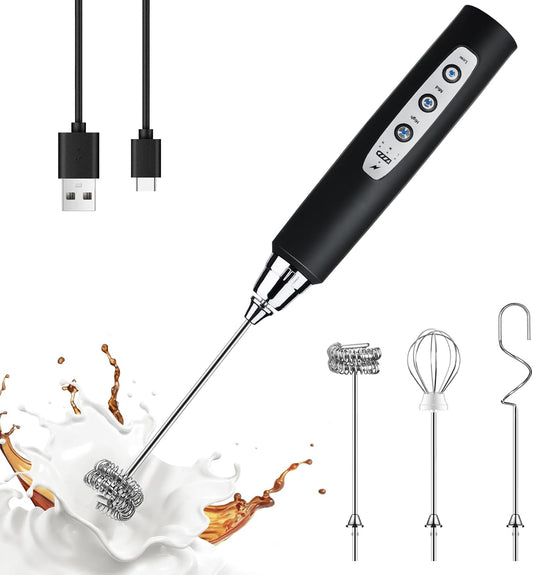 three detachable stainless steel whisking heads: hook stirrer, spring frother, and balloon mixer