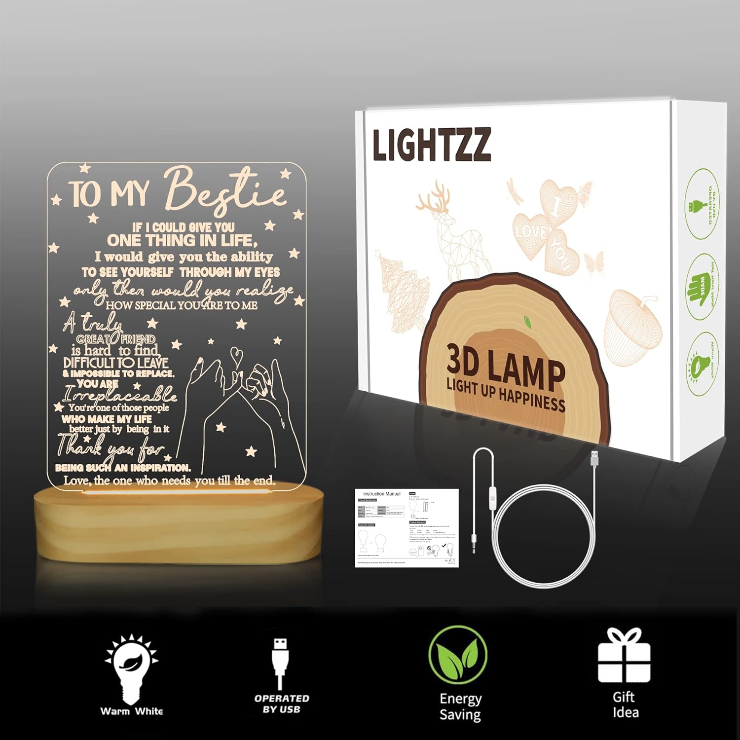 to My Bestie Gifts 3D Optical Illusion Lamp – Thoughtful Housewarming Gift for Friend, Warm Yellow Bedside Table Light