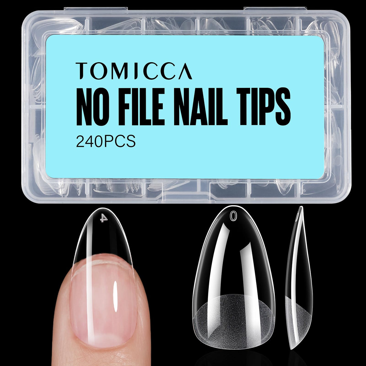 TOMICCA Medium Almond Nail Tips, 240Pcs Soft Acrylic Nails Tips Pre-Shaped Gel Tips, Medium Almond Press on Nails Clear Full Cover Fake Nails for Nail Extension Nail Salon 12 Sizes