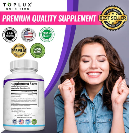 Toplux Five-Type Collagen Pills – Bath Time Wellness Ritual, Hair Skin Nail and Anti-Aging Supplement