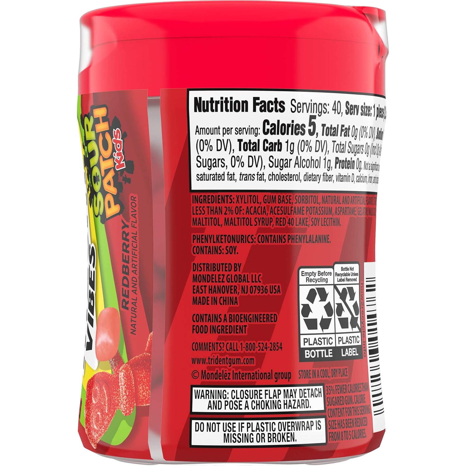 Trident Vibes SOUR PATCH KIDS Blue Raspberry Chewing Gum – After-School Snack for Kids and Tweens, Resealable Bottles, 160 Count