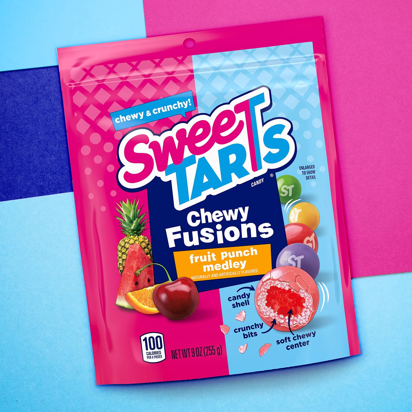 triple-texture design with sweet shell, tart crunch layer, and soft chewy center