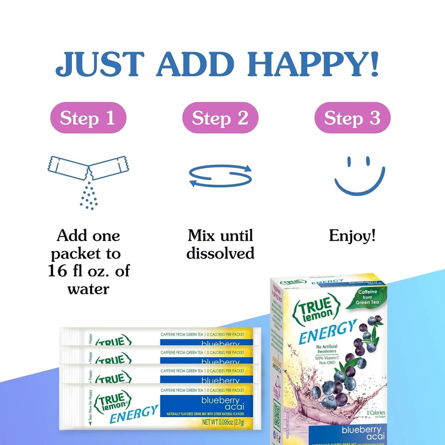 True Lemon Energy Blueberry Acai – Functional Wellness Beverage with Green Tea Caffeine and Zero Sugar