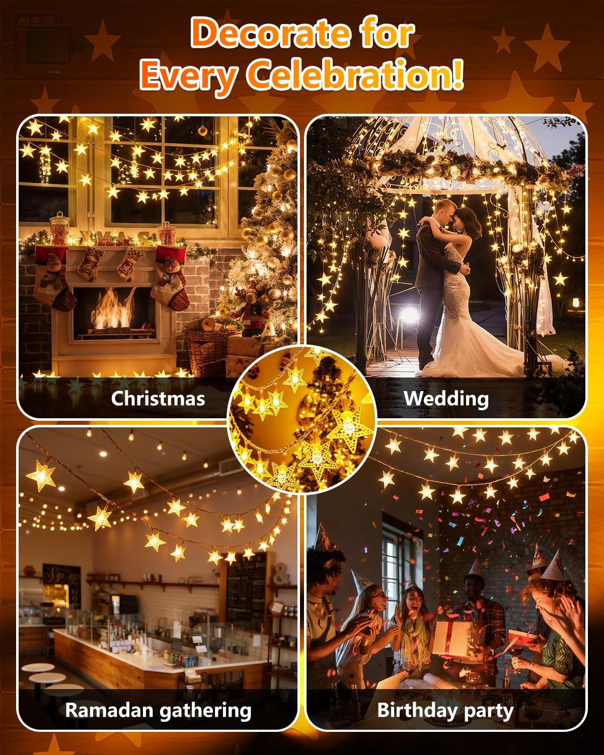 Twinkle Star 100 LED Star String Lights – 30V UL Certified Safe Plug-in Fairy Lights, No Flame, No Smoke, No Wax Drips