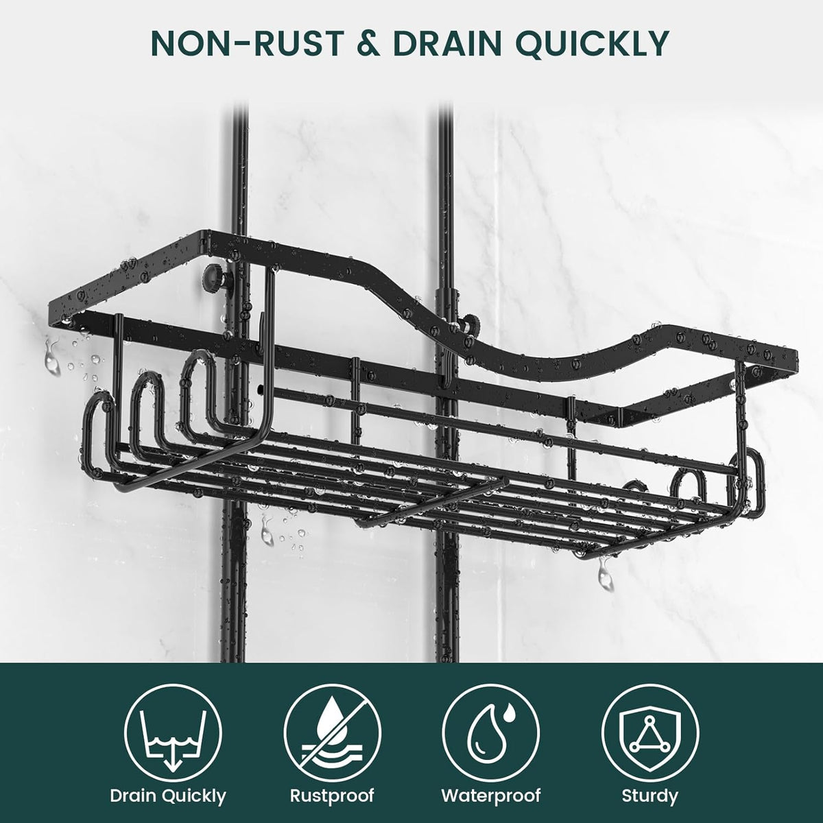 two shower shelves plus integrated soap holder and 12 accessory hooks