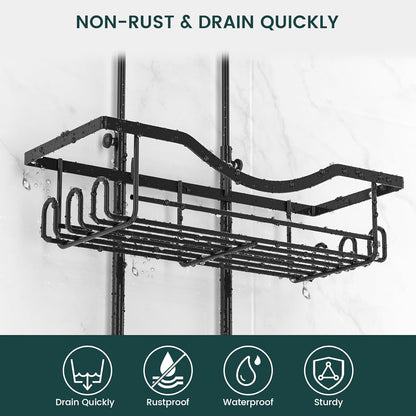 two shower shelves plus integrated soap holder and 12 accessory hooks