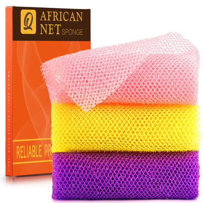 UJFQBH 3 Pieces African Bath Sponge African Net Long Net Bath Sponge Exfoliating Shower Body Scrubber Back Scrubber Skin Smoother,Great for Daily Use (Pink,Yellow,Purple)