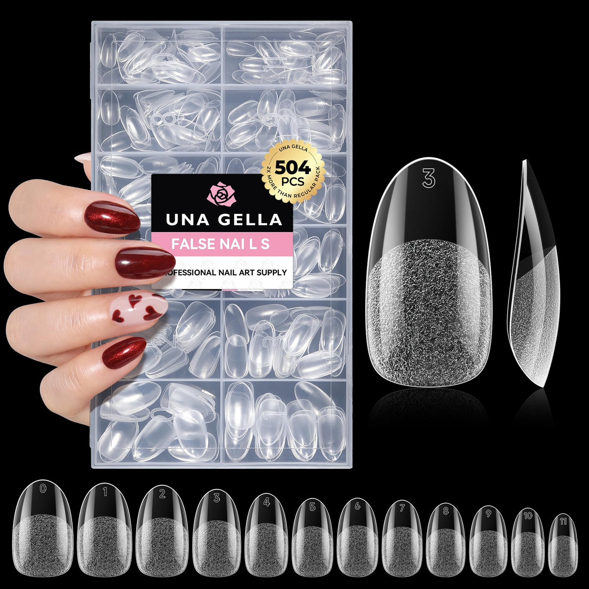 UNA GELLA Oval Fake Nails Pre-shape 504pcs Almond Gel Nail Tips Round Almond Press on Nails for Full Cover Acrylic Round Oval Full Nails False Nails 12 Sizes False Soft Gel Tips