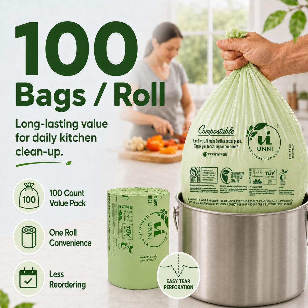 UNNI Plant-Based Bags – Toxin-Free Disposal Supporting Cleaner Indoor Living Spaces
