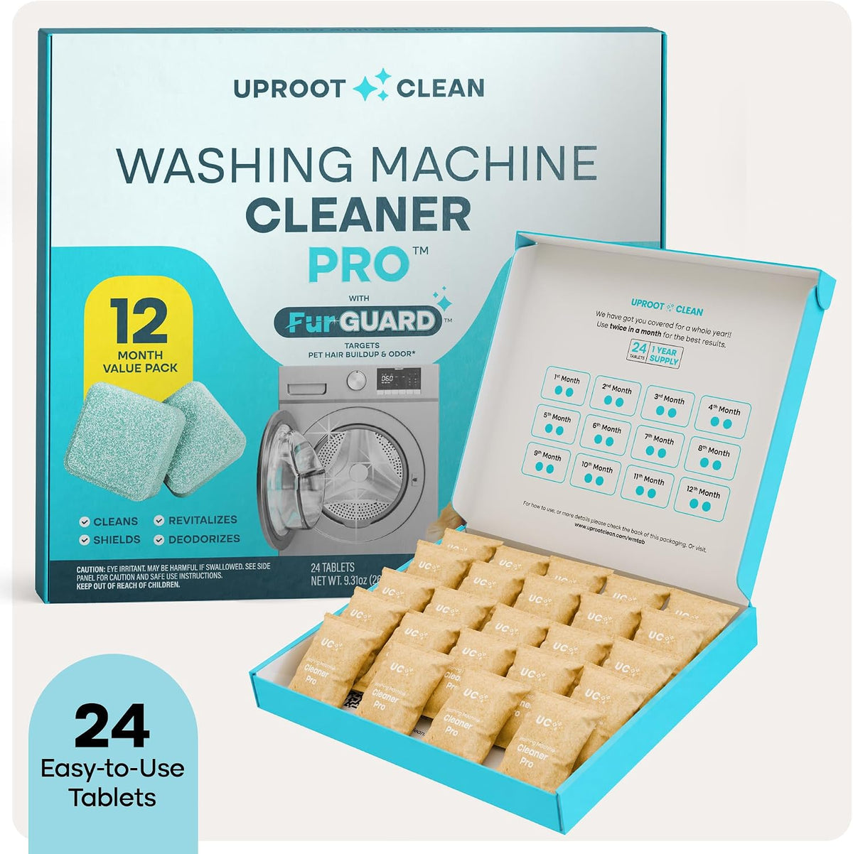 Uproot Clean Washing Machine Cleaning Tablets for Pet Owners – Non-Toxic Washer Maintenance for Nursery-Adjacent Laundry Areas, 24 Pack Tablets