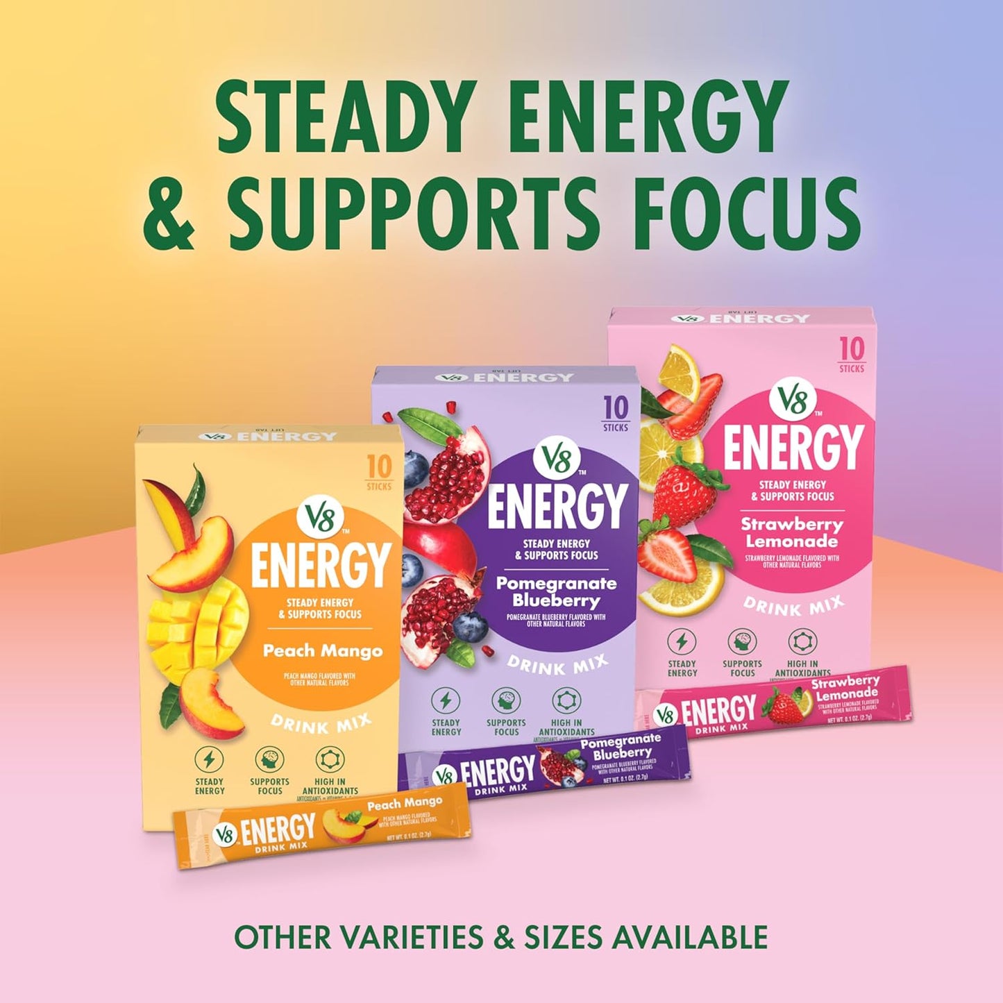 V8 Energy Strawberry Lemonade Energy Drink Powder for Study and Remote Learning, Vitamin Fortified Packets