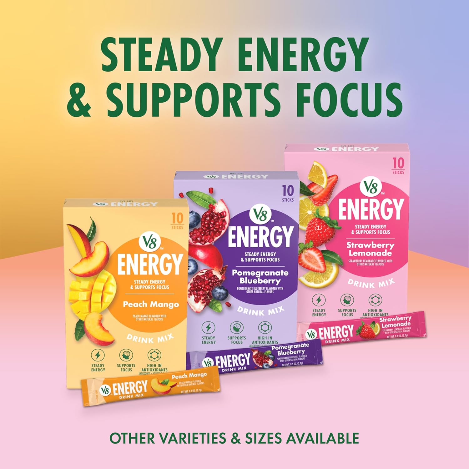 V8 Energy Strawberry Lemonade Energy Drink Powder for Study and Remote Learning, Vitamin Fortified Packets