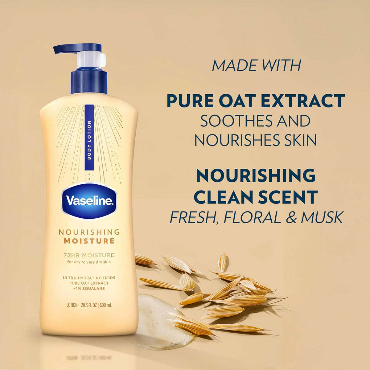 Vaseline Intensive Care Pure Oat Body Lotion – Gentle Bulk Moisturizer for the Whole Family's Morning Routine, 20.3 oz Pump, Pack of 3
