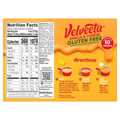 Velveeta Gluten Free Shells & Cheese, Kid Friendly Pantry Staple for Mixed Households, 12 oz Box