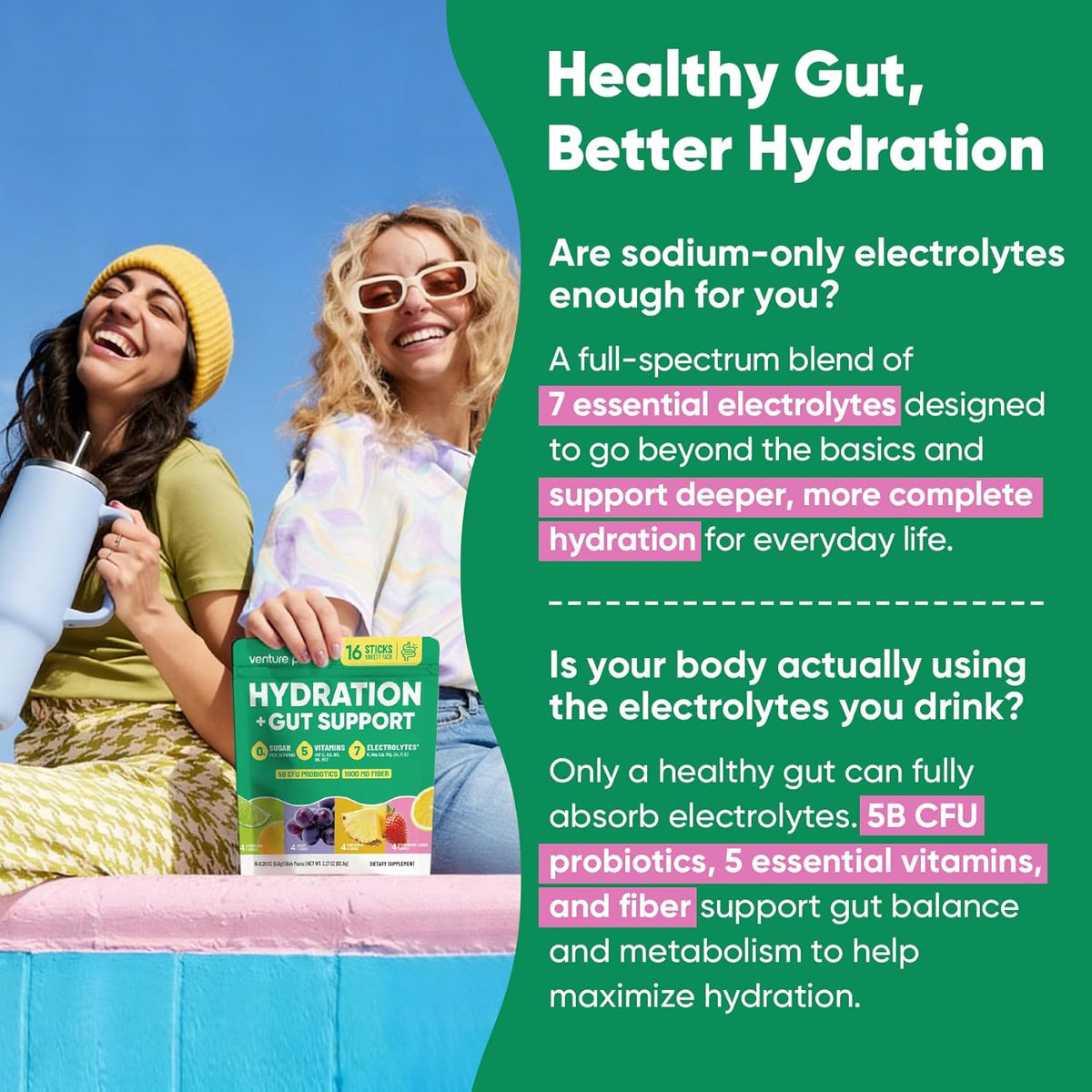 Venture Pal Probiotic Hydration Powder – Wellness Ritual Electrolyte Stick for Clean Energy, Bloating Relief, and Evening Wind-Down