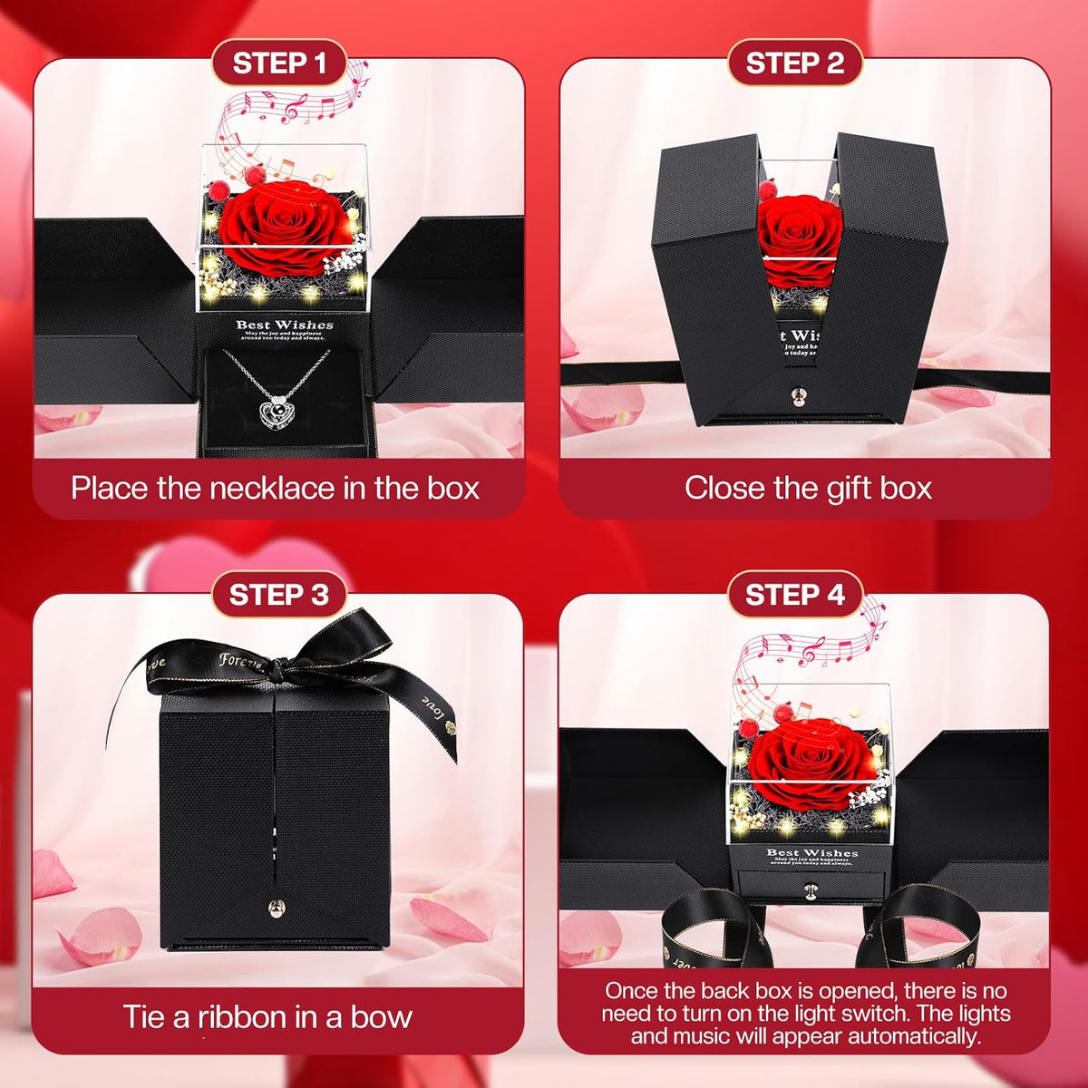 Verocharm Light-Up Eternal Rose with Hidden Pendant Necklace – Sentimental Holiday and Proposal Gift for Her, Pre-Packaged Gift Bag Included