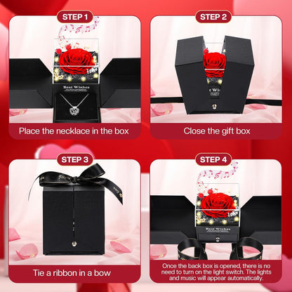 Verocharm Light-Up Eternal Rose with Hidden Pendant Necklace – Sentimental Holiday and Proposal Gift for Her, Pre-Packaged Gift Bag Included