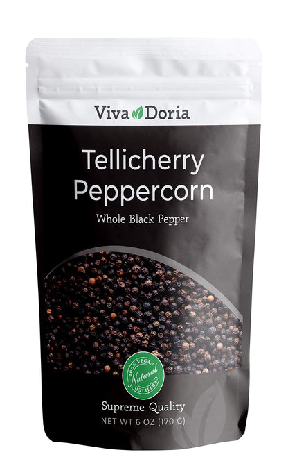 Viva Doria Tellicherry Peppercorn, Whole Black Pepper, Steam Sterilized Black Peppercorns, 6 Oz, For Grinder Refill