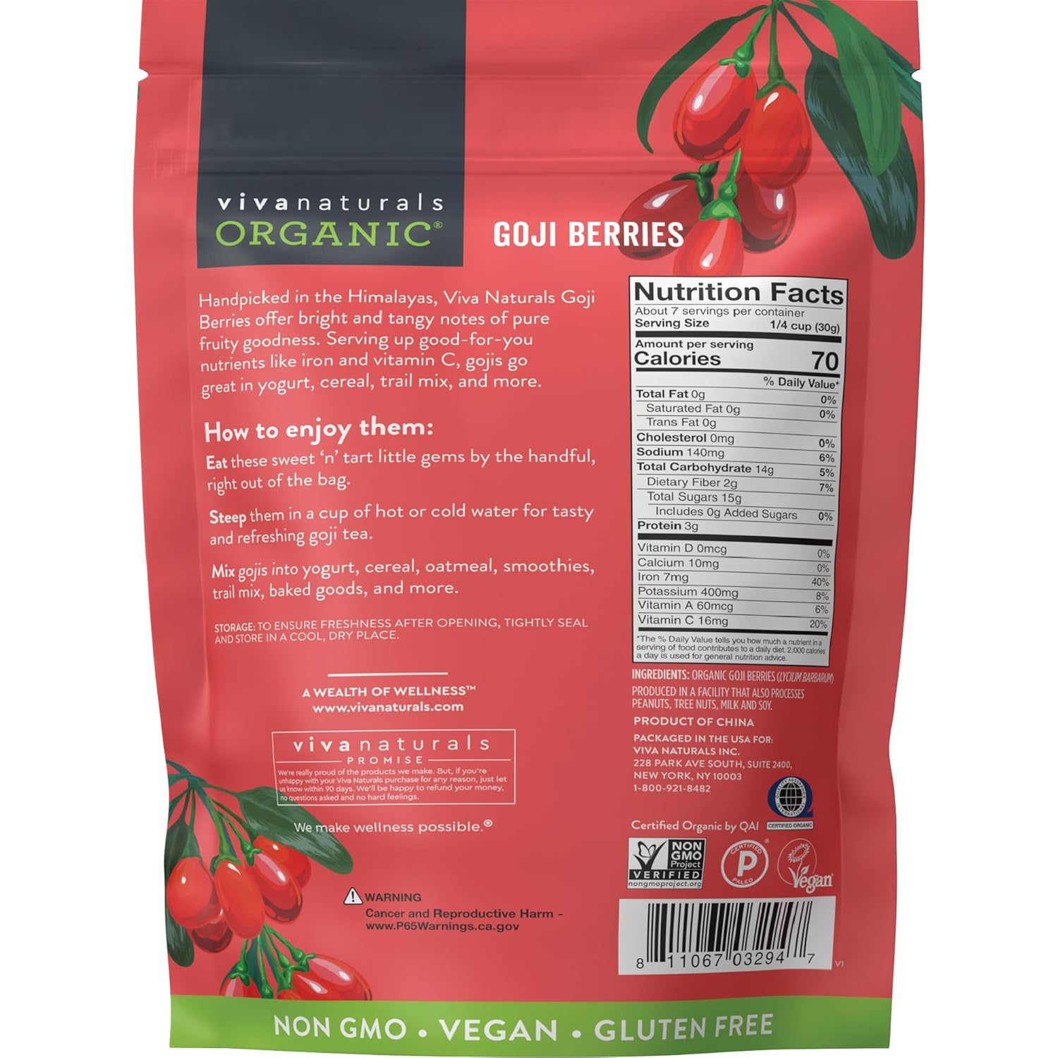 Viva Naturals Tibetan Goji Berries – USDA Organic Iron Boost for Morning Yoga, Meditation Tea, and Self-Care Sundays, 8 oz