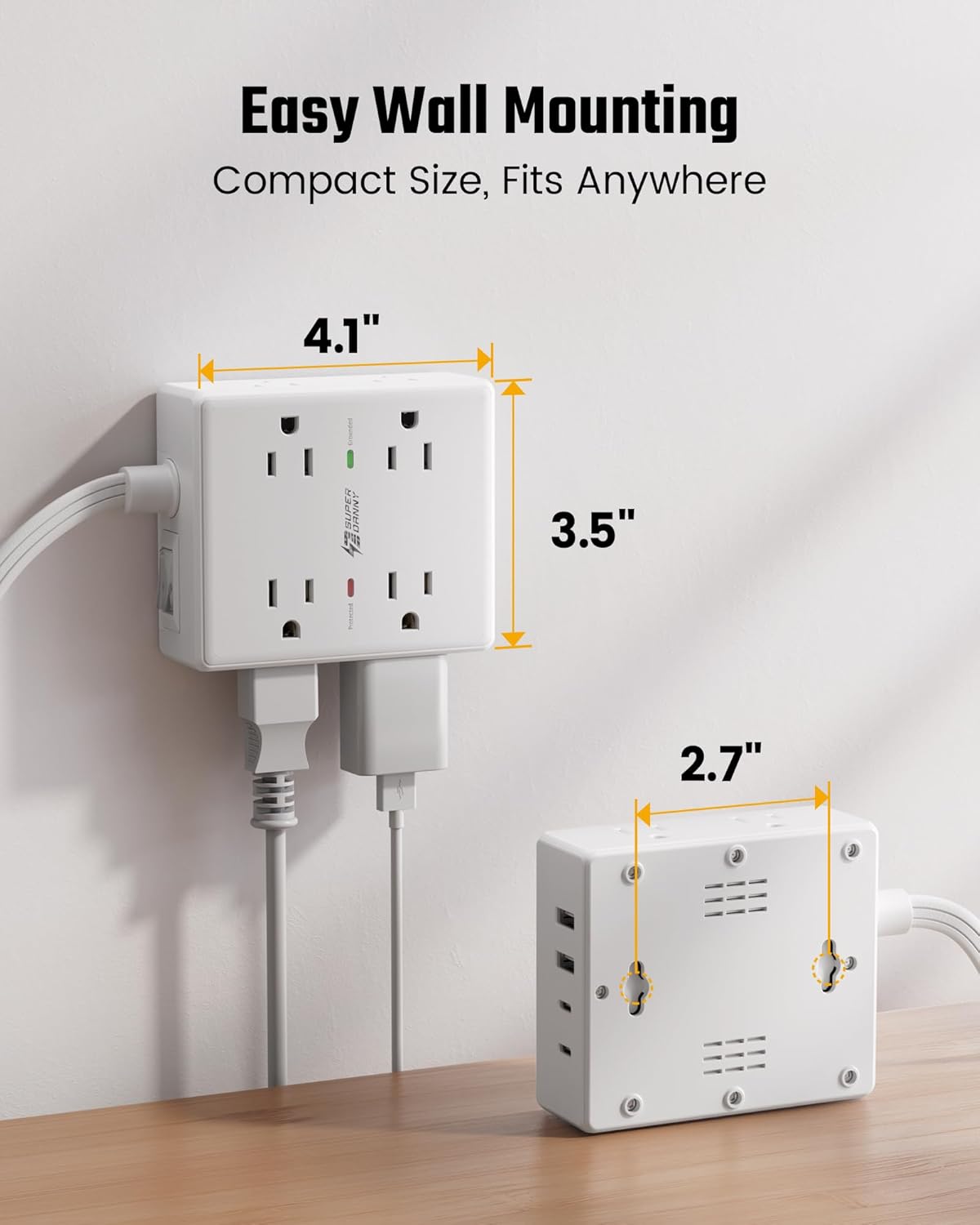 VoltaHub Charging Station – College Dorm Desk and Home Office Power Hub, Flat Plug Surge Protector with USB-C