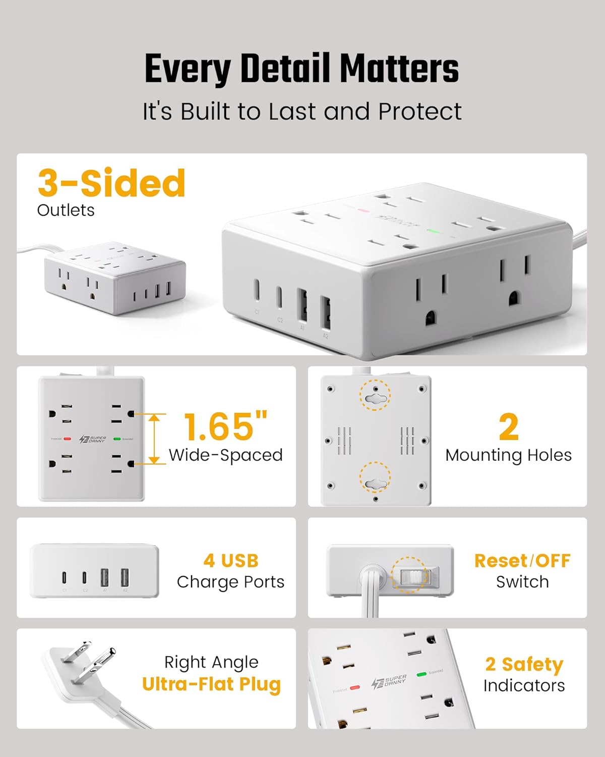 VoltaHub Charging Station – College Dorm Desk and Home Office Power Hub, Flat Plug Surge Protector with USB-C