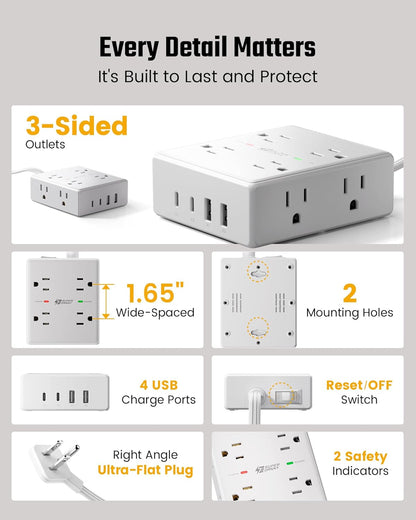VoltaHub Charging Station – College Dorm Desk and Home Office Power Hub, Flat Plug Surge Protector with USB-C
