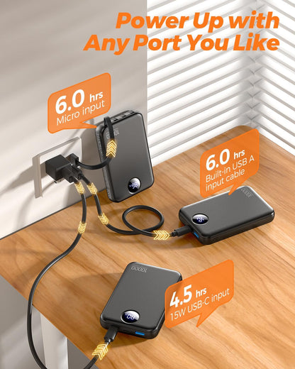Voltura Voya Pocket-Size 10000mAh Charger with Built-in USB-C and Lightning Cables – Never Lose Focus Hunting for an Outlet Mid-Task