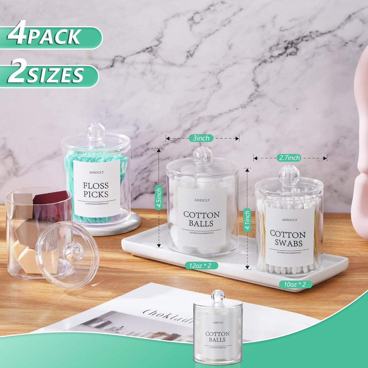 Vtopia Nursery Safe Storage Jars – Crystal Look Organizer for Family Bathroom Counter, Cotton Swab Holder 4-Pack