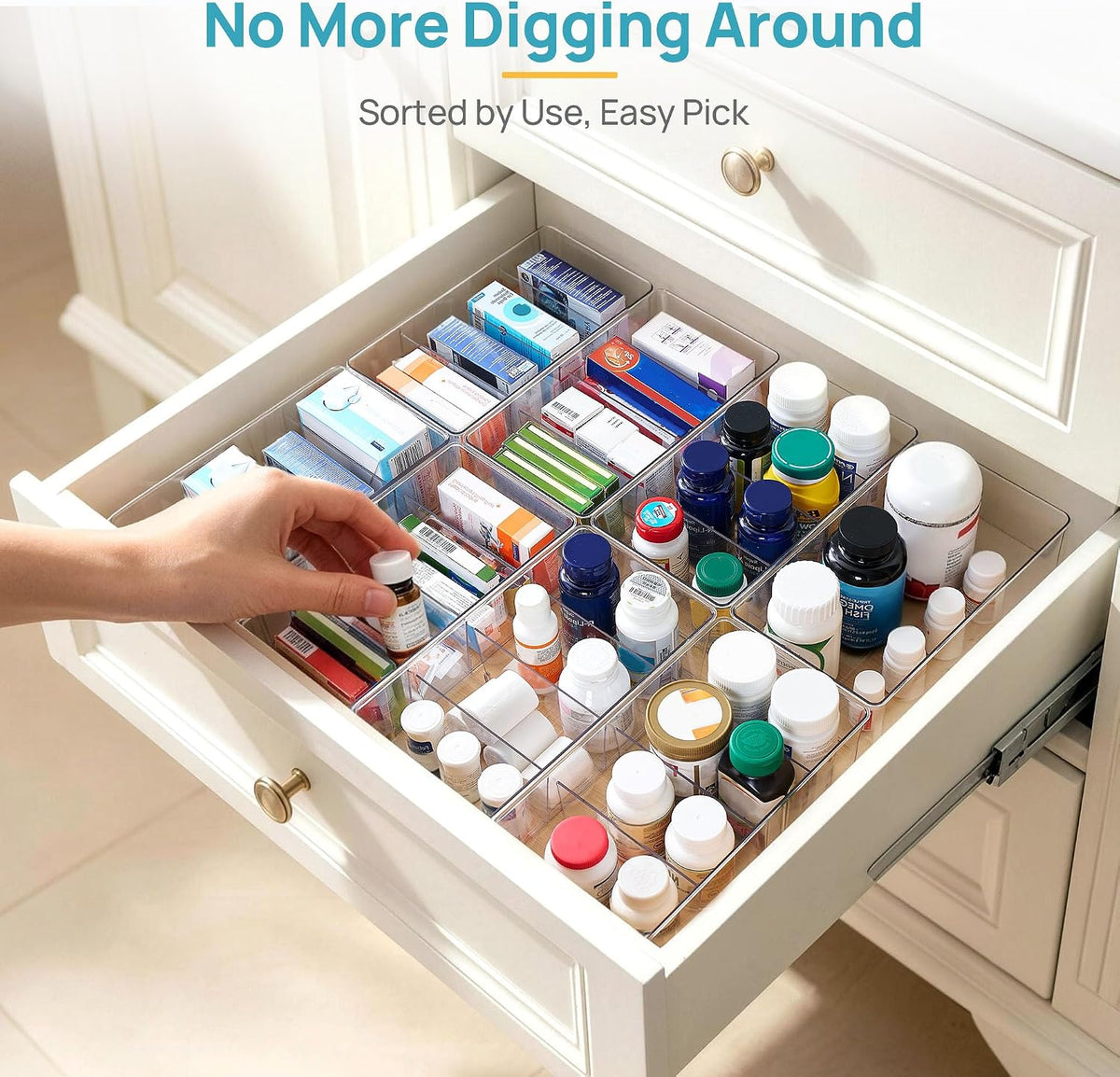 Vtopmart Stackable Food Packet Organizer Bins for Apartment Meal Prep Shelf, 4 Section Clear Bins for Instant Noodle and Coffee Sticks