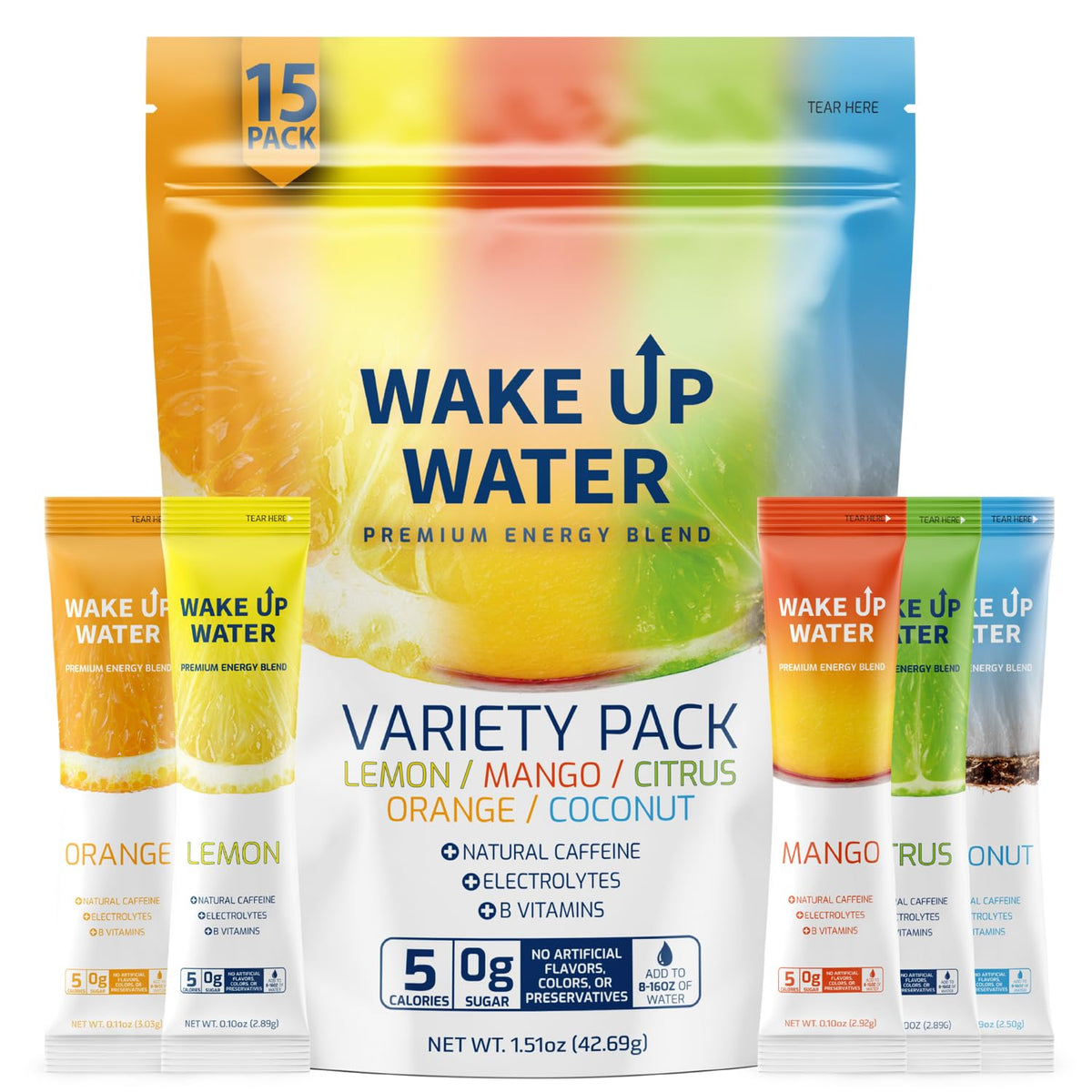 Wake Up Water Energy Drink Mix – Afternoon Focus Boost for Home Office and Remote Work, Sugar Free 15 Packets