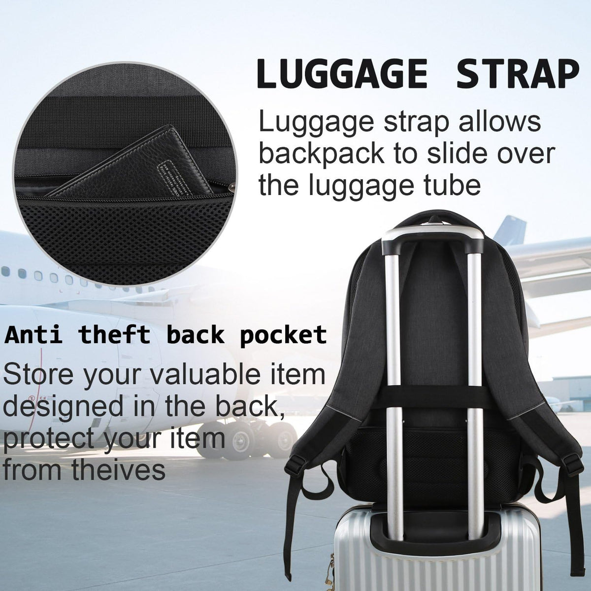 water-resistant polyester shell with metal zippers, available in 15.6 inch and 17 inch sizes