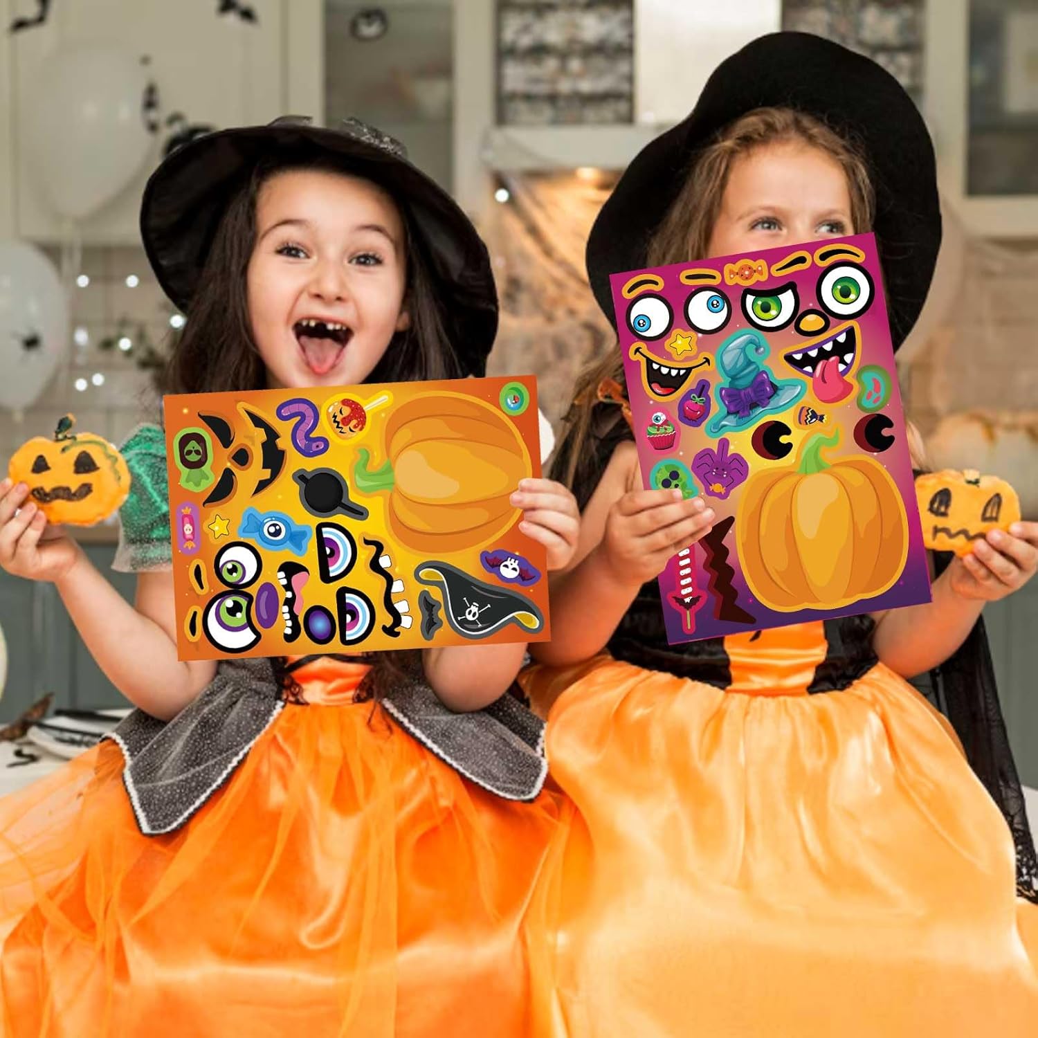 WATINC Stick-On Pumpkin Faces – No Flame, No Sharp Tools, Choking-Safe Adhesive Sheets for Worry-Free Halloween Decor