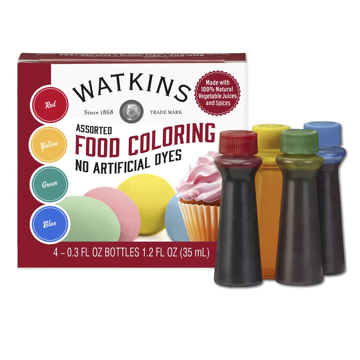 Watkins Assorted Food Coloring, 1 Each Red, Yellow, Green, Blue, Total Four 0.3 oz bottles, 4 Count (Pack of 1)