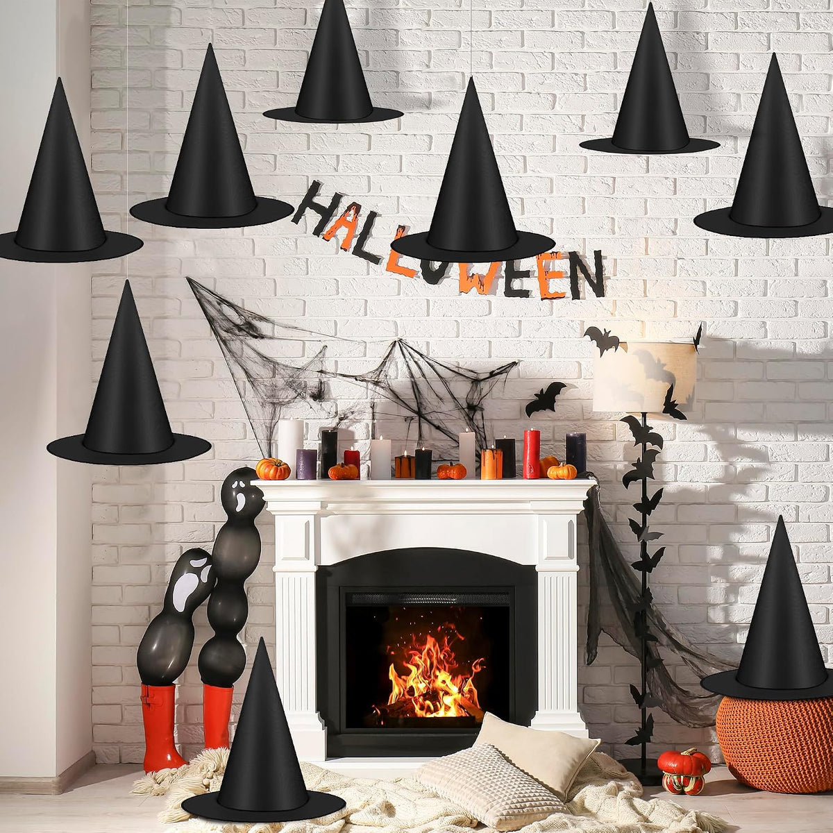 Weather-Resistant Hanging Witch Hats – Outdoor Patio Porch Driveway Halloween Decor 12 Pack