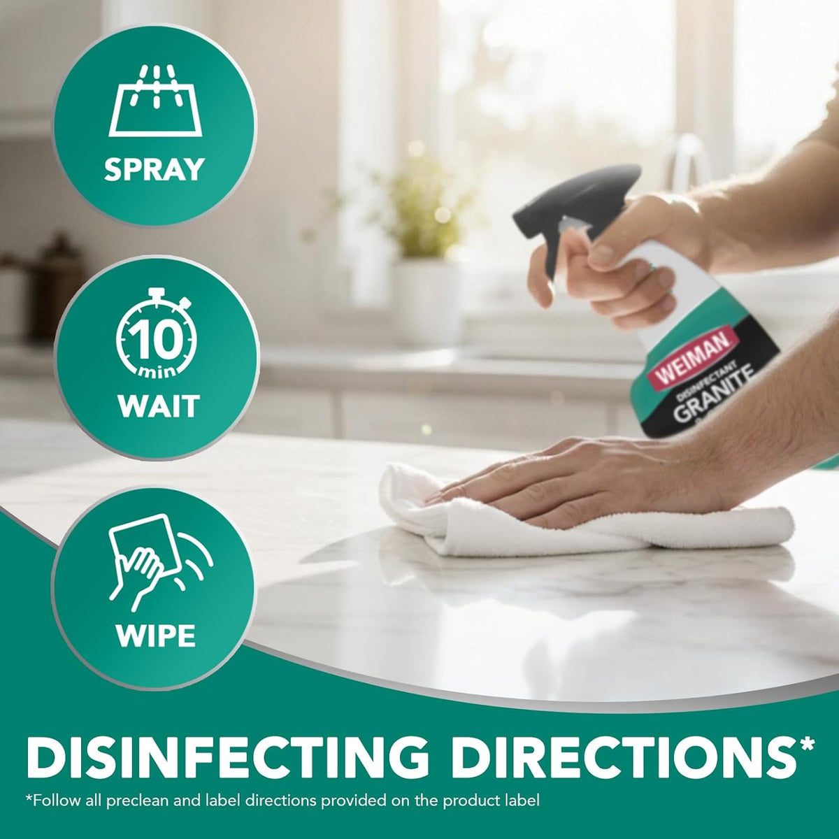 Weiman Disinfectant Granite Daily Clean & Shine – Healthy-Home Daily Disinfectant for Stone Surfaces in Kitchens and Baths
