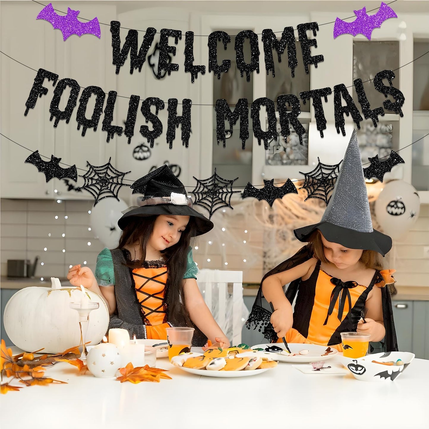 Welcome Foolish Mortals Glitter Halloween Banner – Home Aesthetic Seasonal Decor for Mantel, Doorway, and Party Wall Display