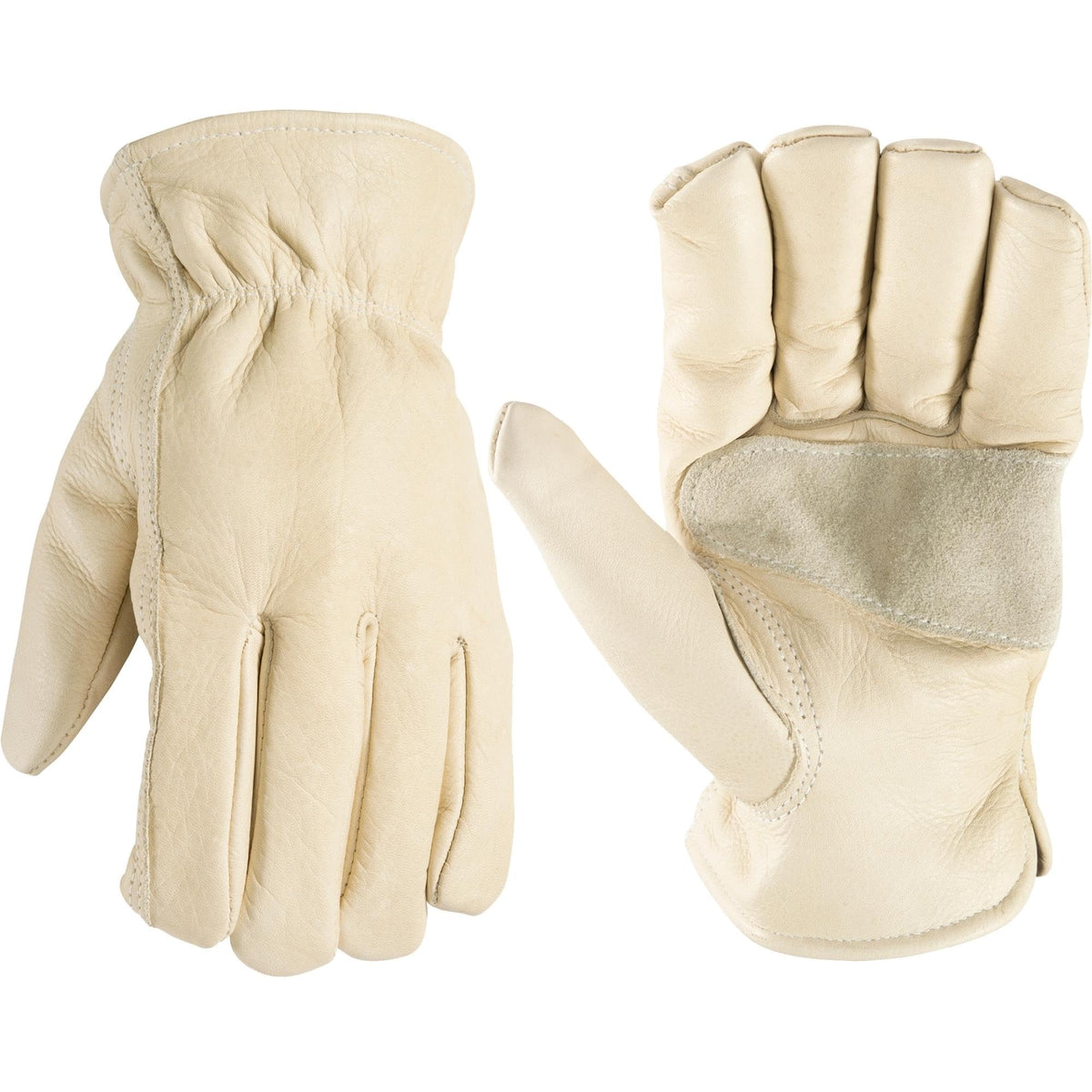 Wells Lamont Leather Work Gloves for Men – Grain Cowhide, Reinforced Palm – Ideal for Construction, Farming, Ranching – Ergonomic Fit, Keystone Thumb, Elasticized Wrist – Beige, Small (1130S)