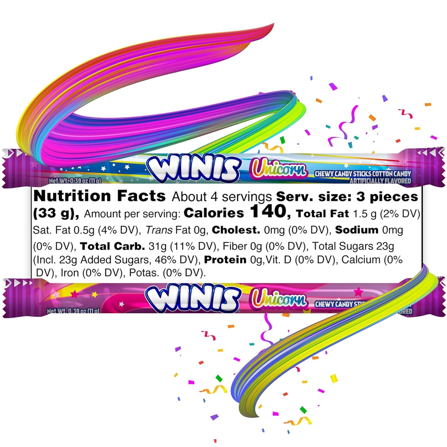 Winis Unicorn Kids' Cotton Candy Taffy Sticks – Worry-Free Chewy Candy for Piñatas, Classroom Treasures, and Concession Stands | 11-Count Sharing Bag, No Peanuts or Tree Nuts