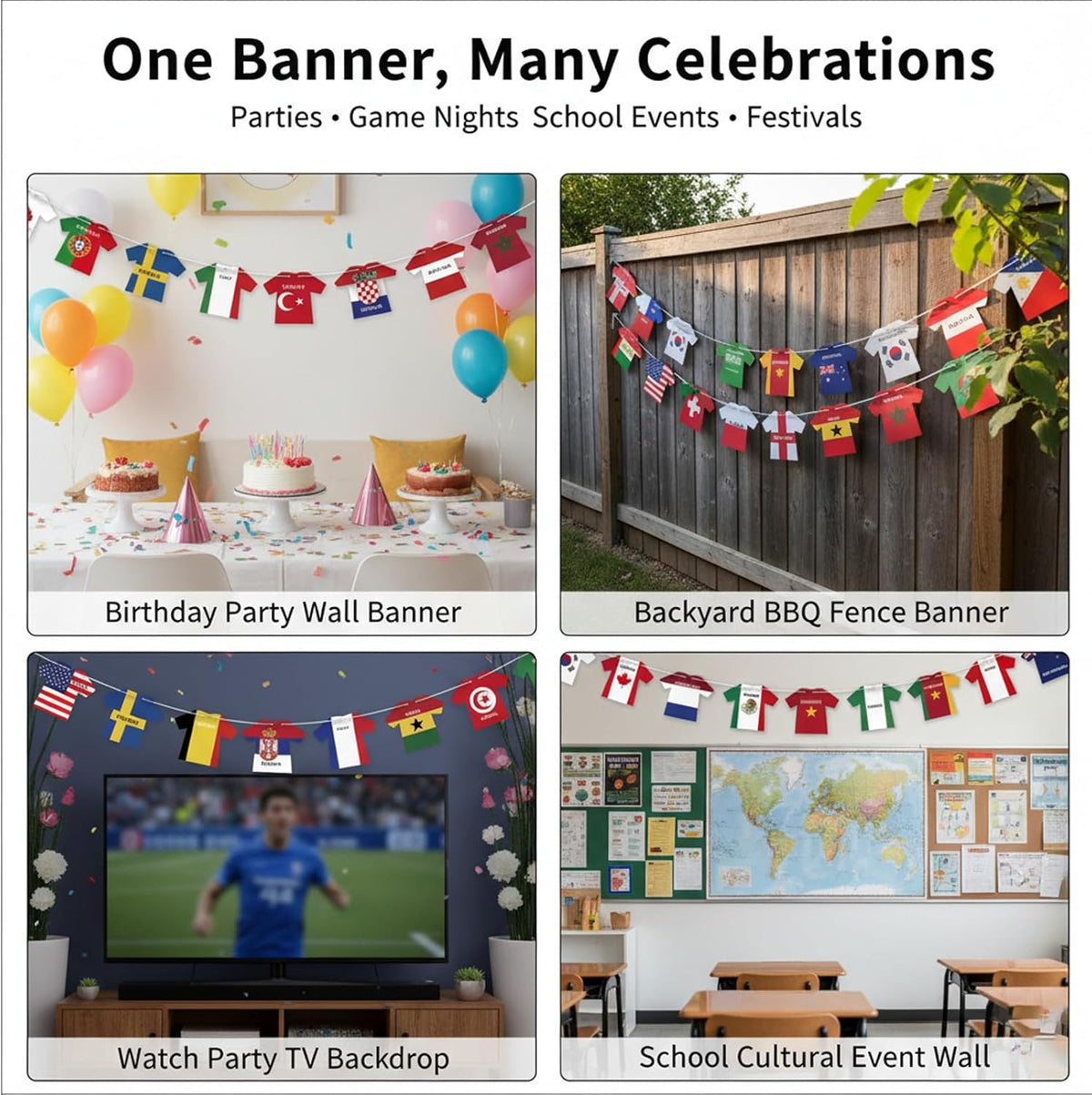 WorldDecor Safe Indoor Kids Party Banner 50 Piece Jersey Shaped Flag Bunting for Family Friendly World Cup Viewing