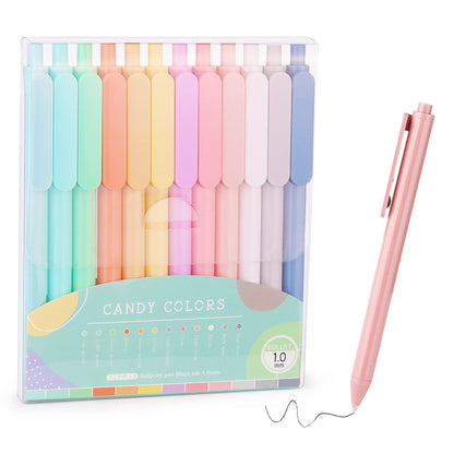 WY WENYUAN 12-Pcs Ballpoint Pens, Comfortable Writing, Pastel Retractable Pretty Journaling, Black Ink Medium Point 1.0 mm Gift, Cute Office Supplies for Women