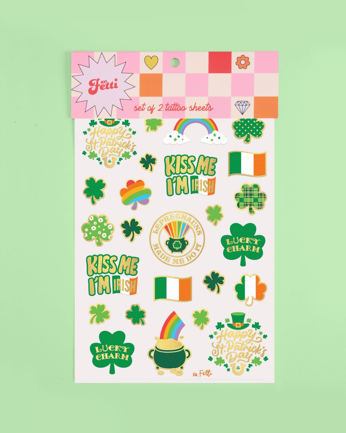 xo, Fetti Irish-Themed Party Tattoos - Metallic Gold & Silver Decor Accents for St. Paddy's Table Styling