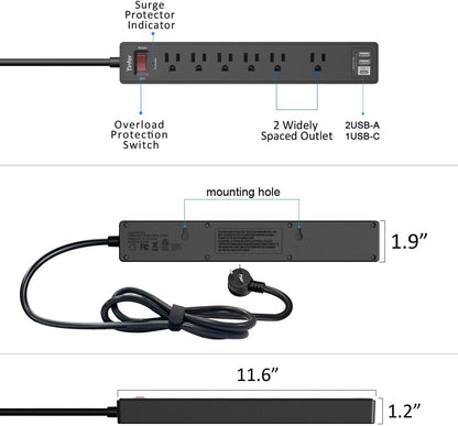 Yintar Wall Mountable Power Strip for Study Nook and Student Desk, 6 Outlets 3 USB Ports Smart Charging for Multi-Device Setup
