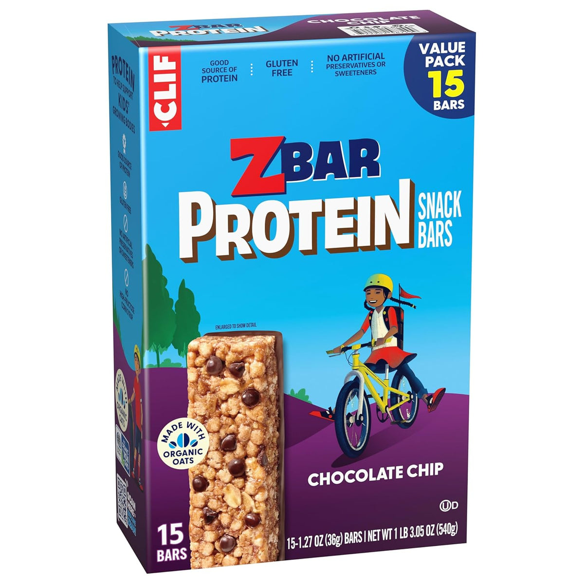 Zbar Protein Kids Protein Bars - Backpack-Ready Chocolate Chip Snack for Weekend Adventures and Sports (15 Pack)