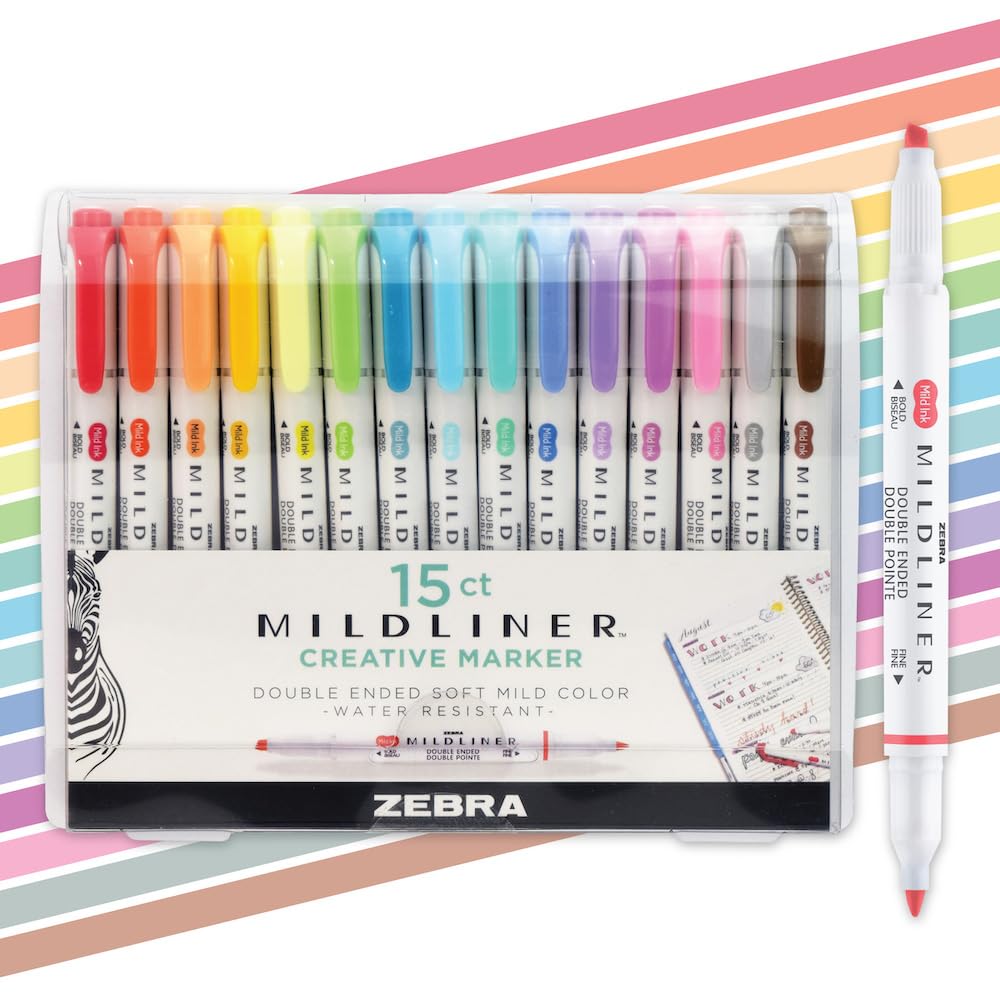 Zebra Pen Mildliner Dual-Tip Highlighter Marker Set, Broad and Fine Point Tips, No Bleed, Ideal for Bible Highlighting, Journaling, School and Office Supplies, Assorted Ink Colors, 15-Pack (78115)