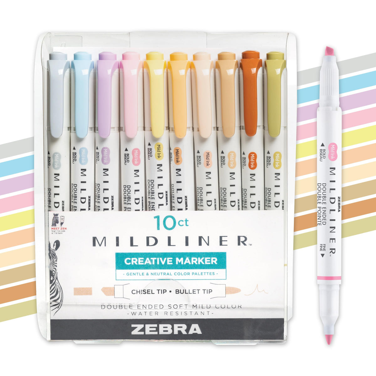 Zebra Pen Mildliner Dual-Tip Highlighter Marker Set, Broad and Fine Point Tips, No Bleed, Ideal for Bible Highlighting, Journaling &amp;amp; Note-Taking, Assorted Neutral &amp;amp; Gentle Ink Colors, 10-Pack (78701)