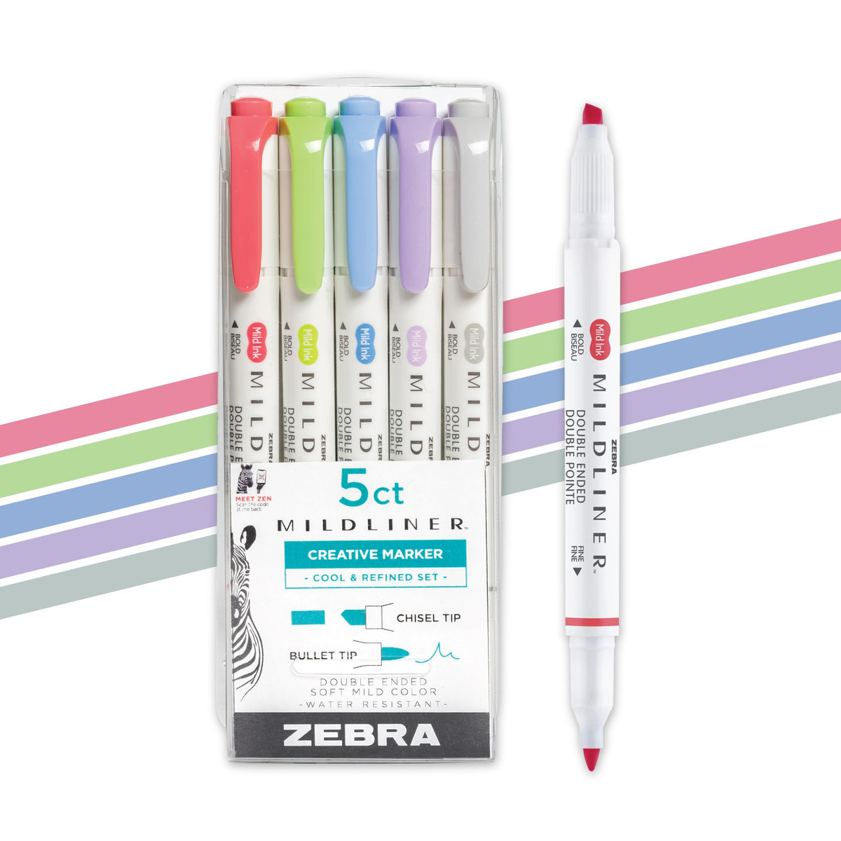 Zebra Pen Mildliner Dual-Tip Highlighter Set, Broad and Fine Tips, No Bleed, Ideal for Bible Highlighting, Journaling and Note-Taking, Assorted Cool and Refined Ink Colors, 5-Pack (78205)