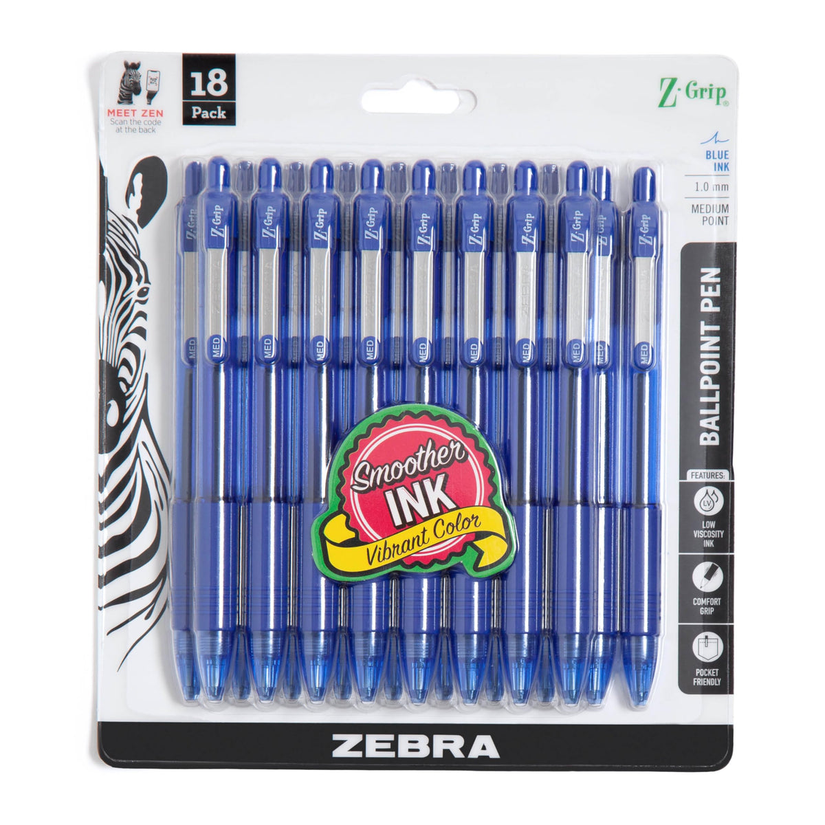 Zebra Pen Z-Grip Retractable Ballpoint Pen, Smooth-Flowing Blue Ink, 1.0mm Medium Point, School &amp;amp; Office Supplies, Ideal for Note-Taking, Journal and Planner Use, 18-Pack (22258)