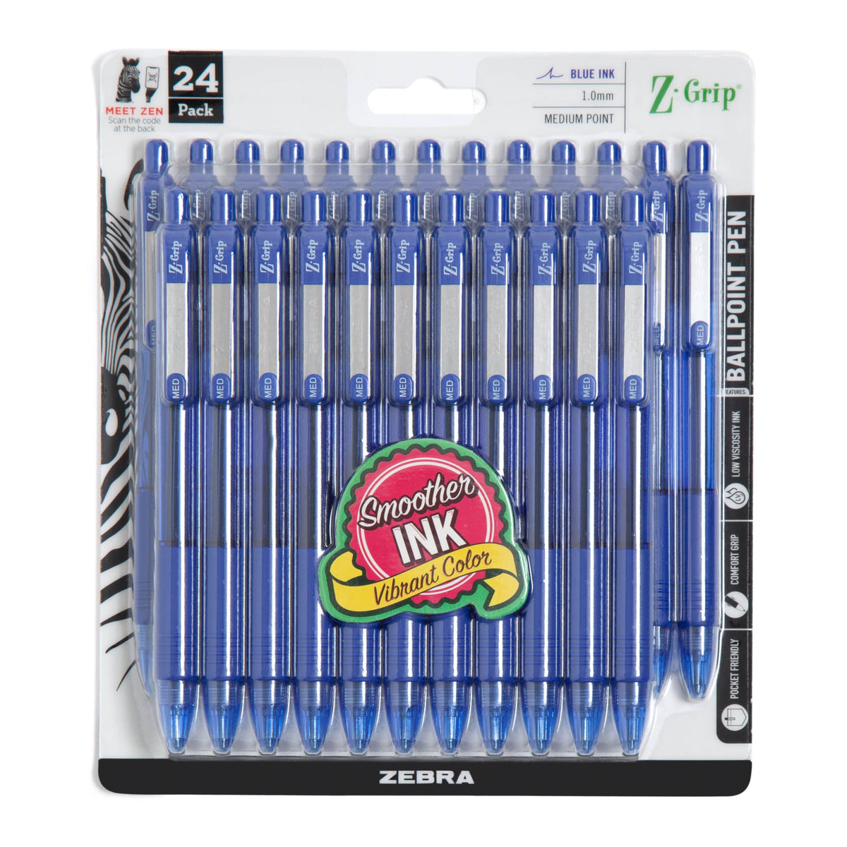 Zebra Pen Z-Grip Retractable Ballpoint Pen, Smooth-Flowing Blue Ink, 1.0mm Medium Point, School &amp;amp; Office Supplies, Ideal for Note-Taking, Journal and Planner Use, 24-Pack (12225)